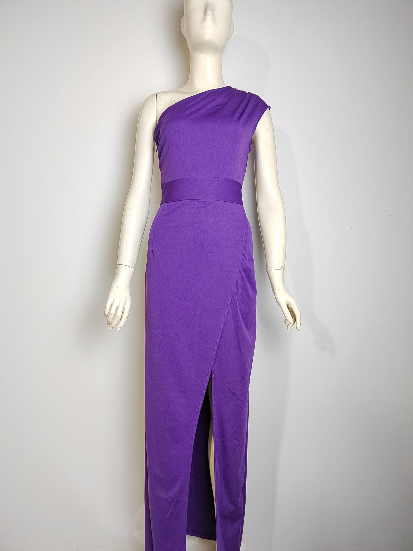 Women 's One Shoulder High Waist Front Slit Chic Dress 43