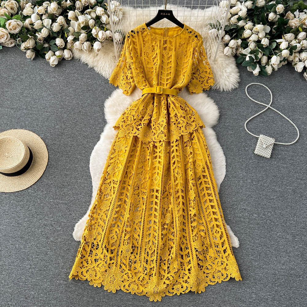 Women French-Style Short-Sleeved Openwork Lace Dress 10