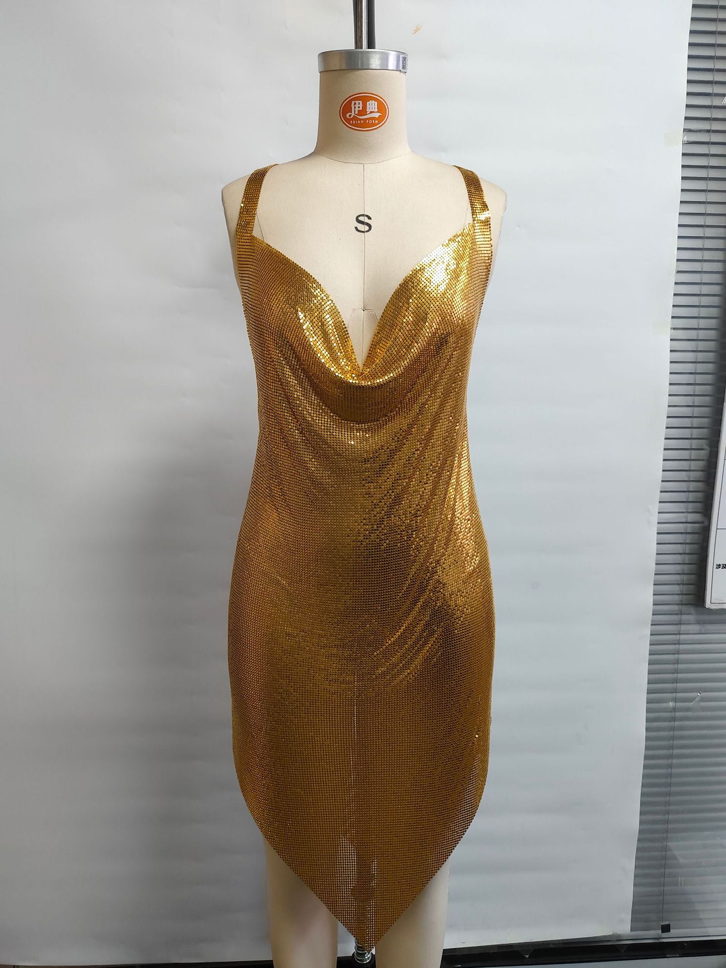 Fashion Women's Nightclub Rhinestone Chain Metal Sexy Halter Neck Dress 6