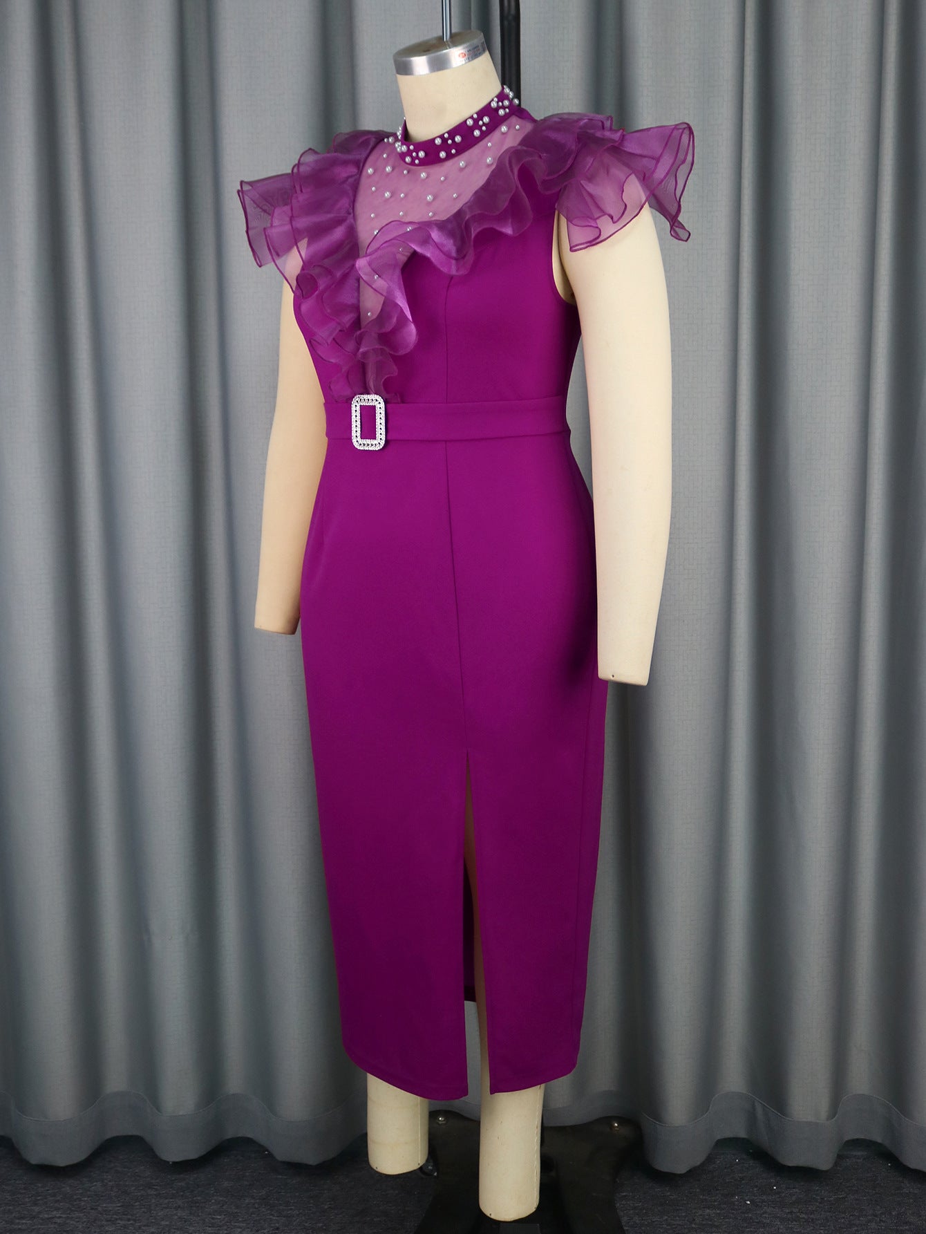 Women Half-High Neck Beaded Mesh Patchwork Split Party Dress 9