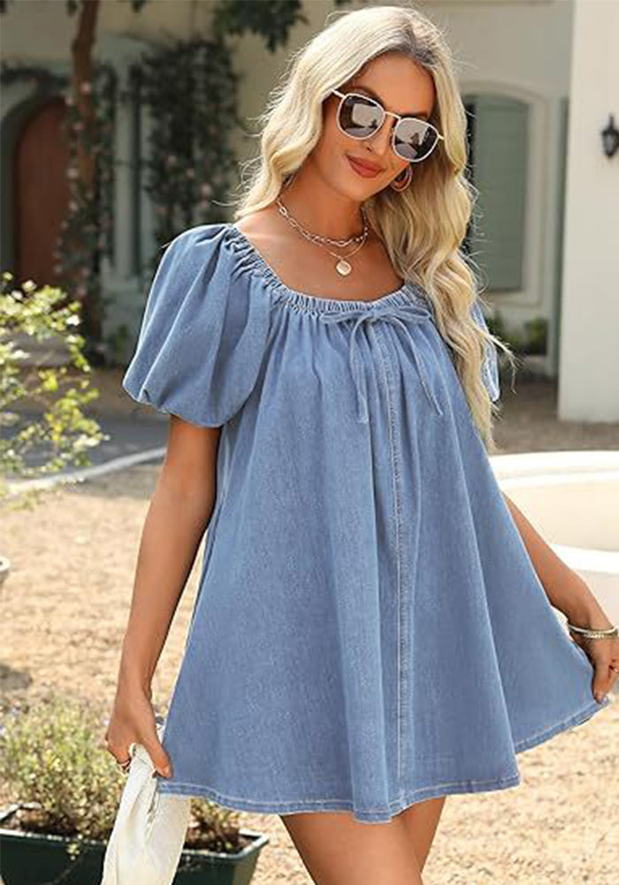 Summer Women's Square Neck Puff Sleeve Denim Short Dress