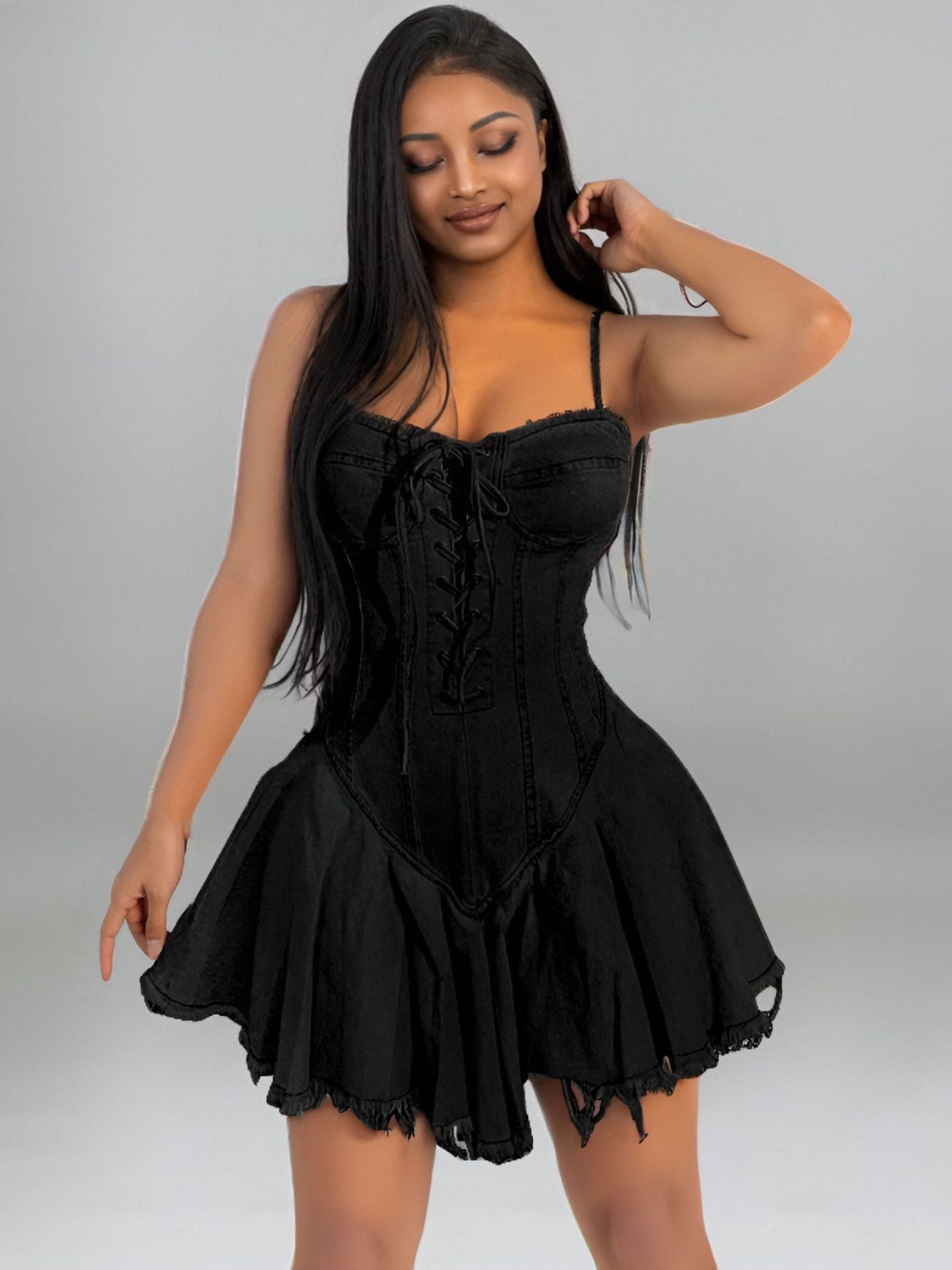 Plus Size Sexy Lace-Up Sleeveless Strap Denim Dress 10