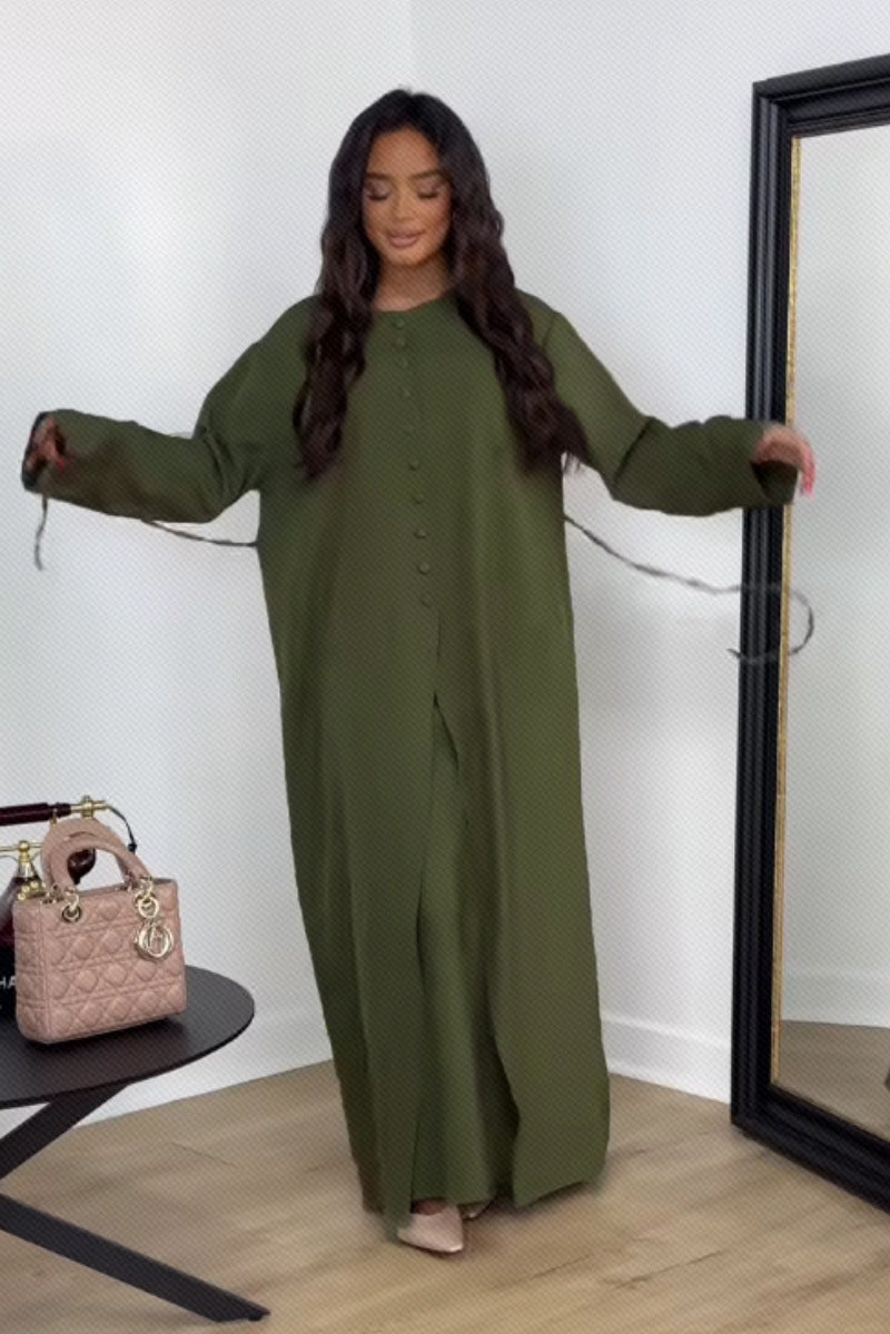 Women Autumn and Winter Satin Button Dress Two Piece Set 4