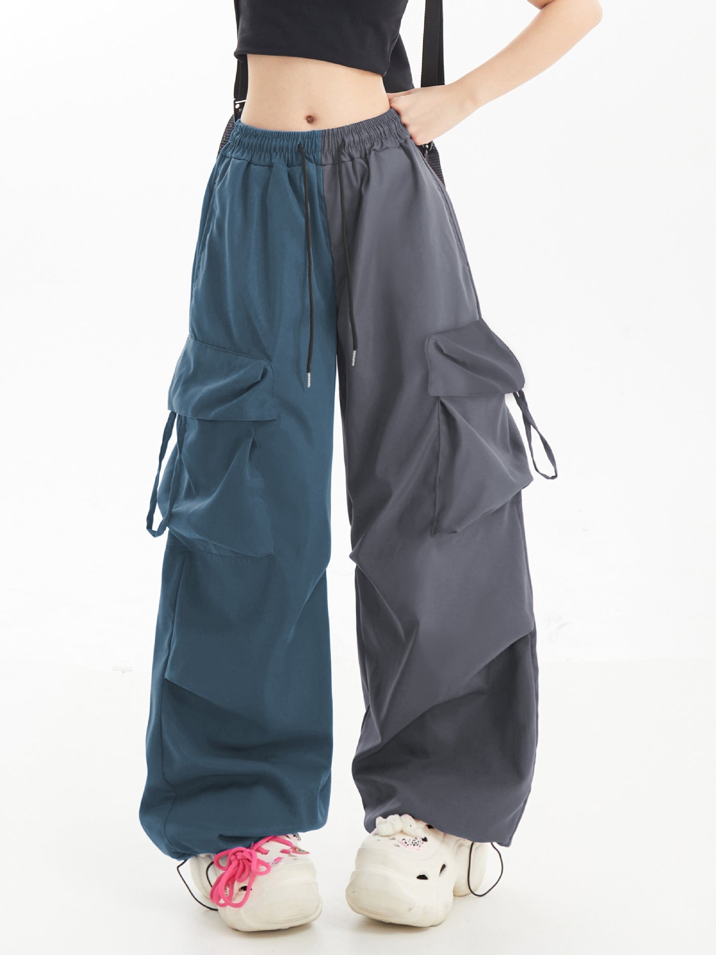 American Contrast Color Loose Wide Leg Cargo Pants Hip Hop Color Matching Fashion Casual Sports Trousers for Women 15