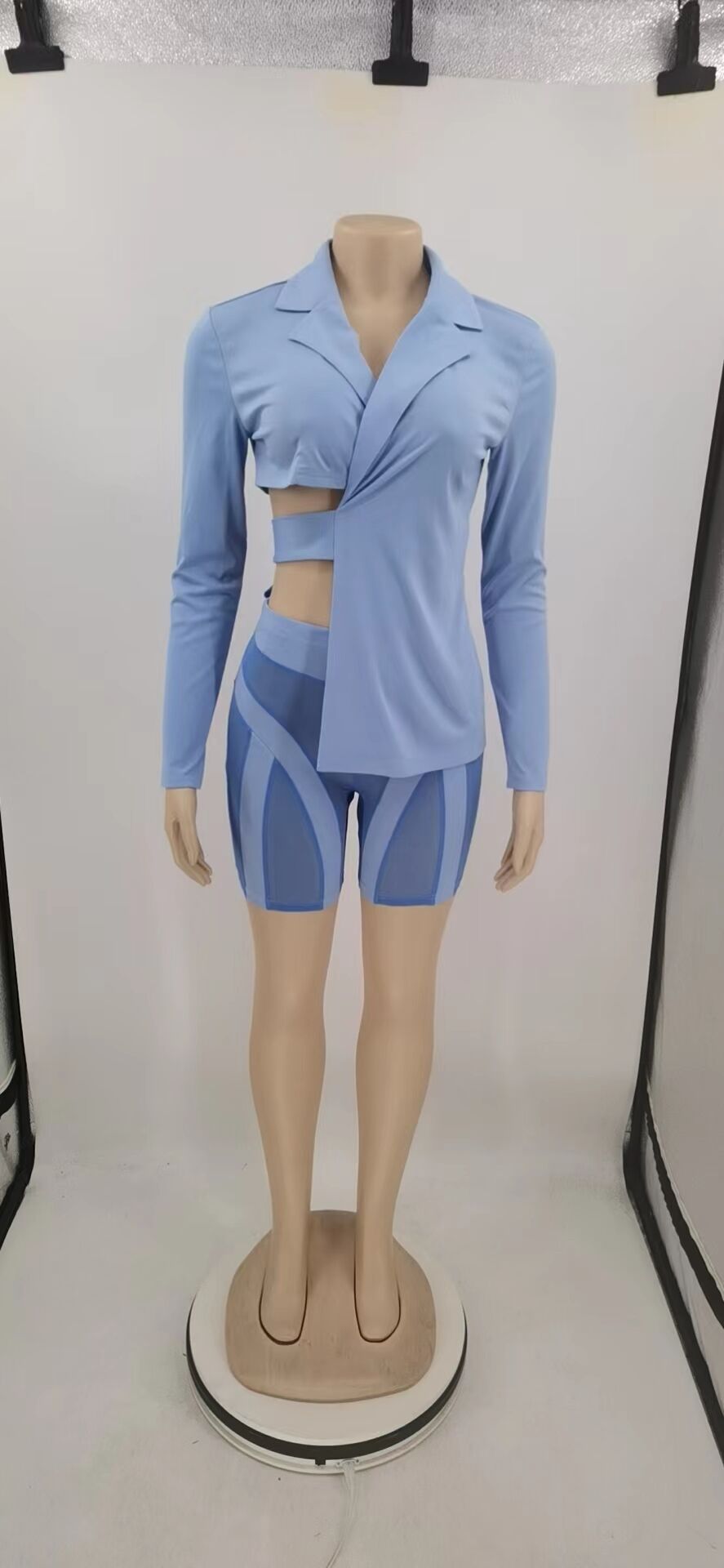 Sexy Women's Suit Solid V-Neck Top Back Lace-Up Pants Mesh Patchwork Set 13