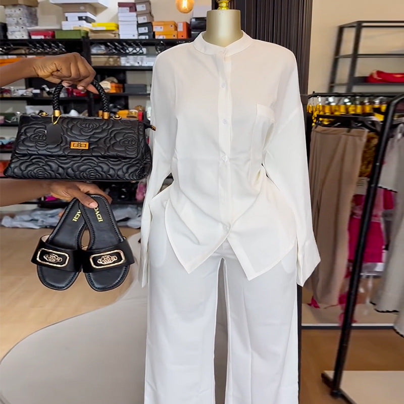 Women's summer round neck loose casual long sleeve shirt and wide leg trousers set 5