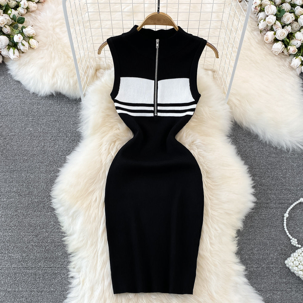 Women Polo Neck Striped Knitting Summer Sexy Bodycon Dress 6
