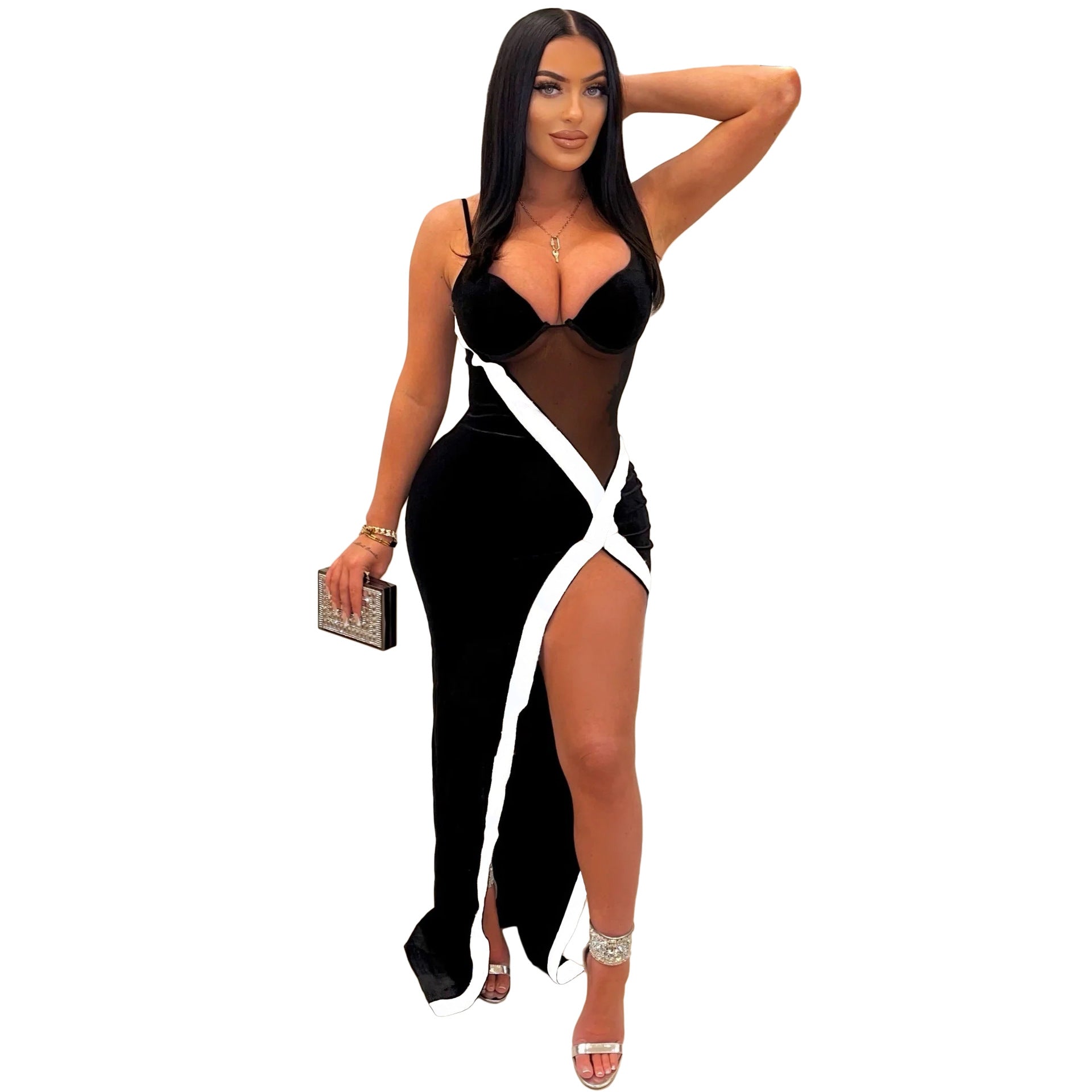 Women's Clothes Spring Summer Fashion Sexy Mesh Patchwork Suspender Irregular Slit Long Dress 7