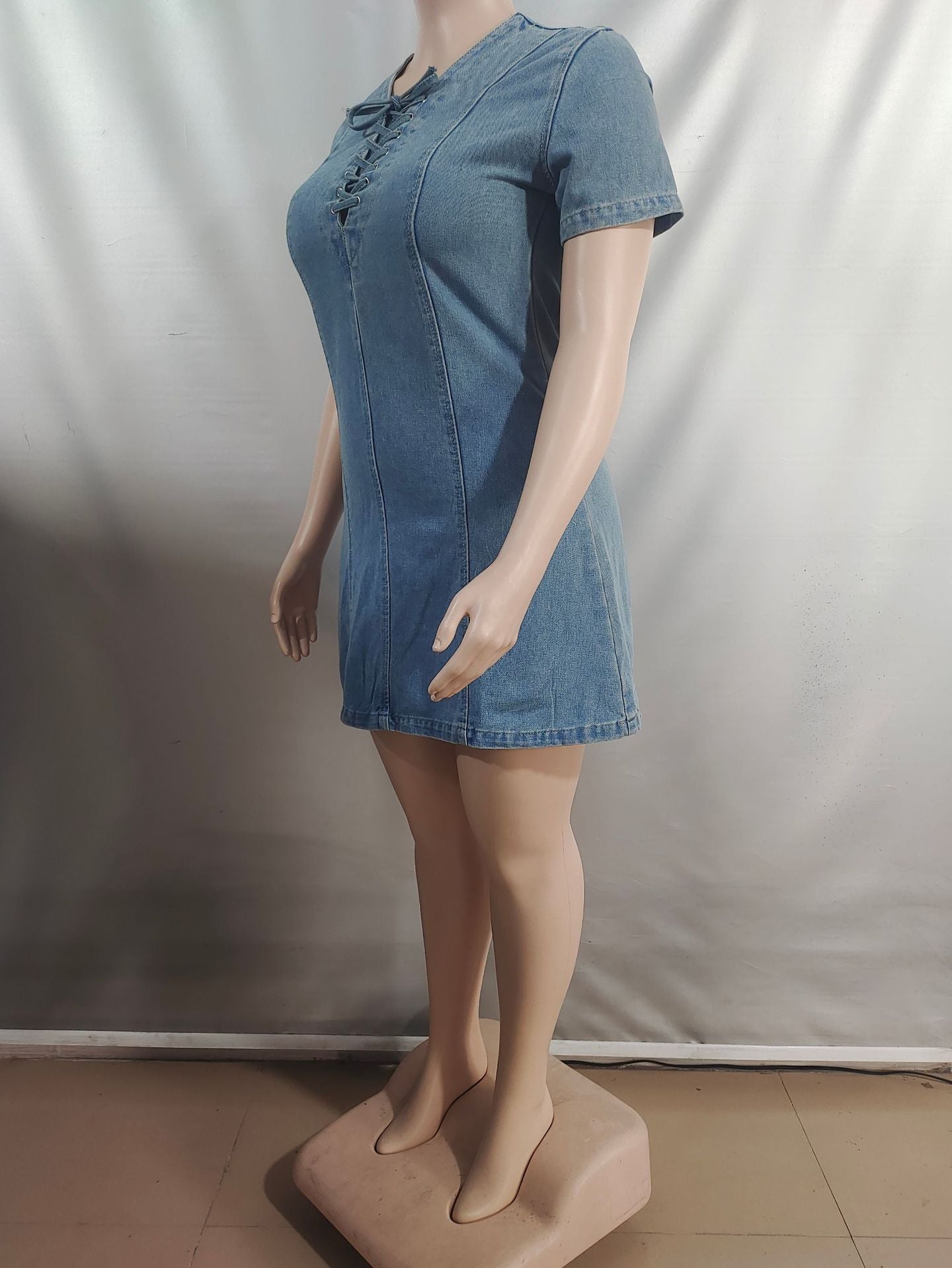 Women's Summer Street Fashion Lace-up Short-Sleeved Denim Dress 10