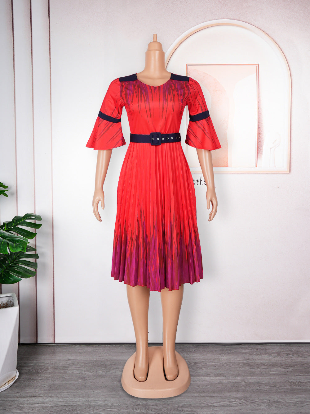 Plus Size African Dress Women High Waist Fashion Round Neck Printed Pleated Dress 15