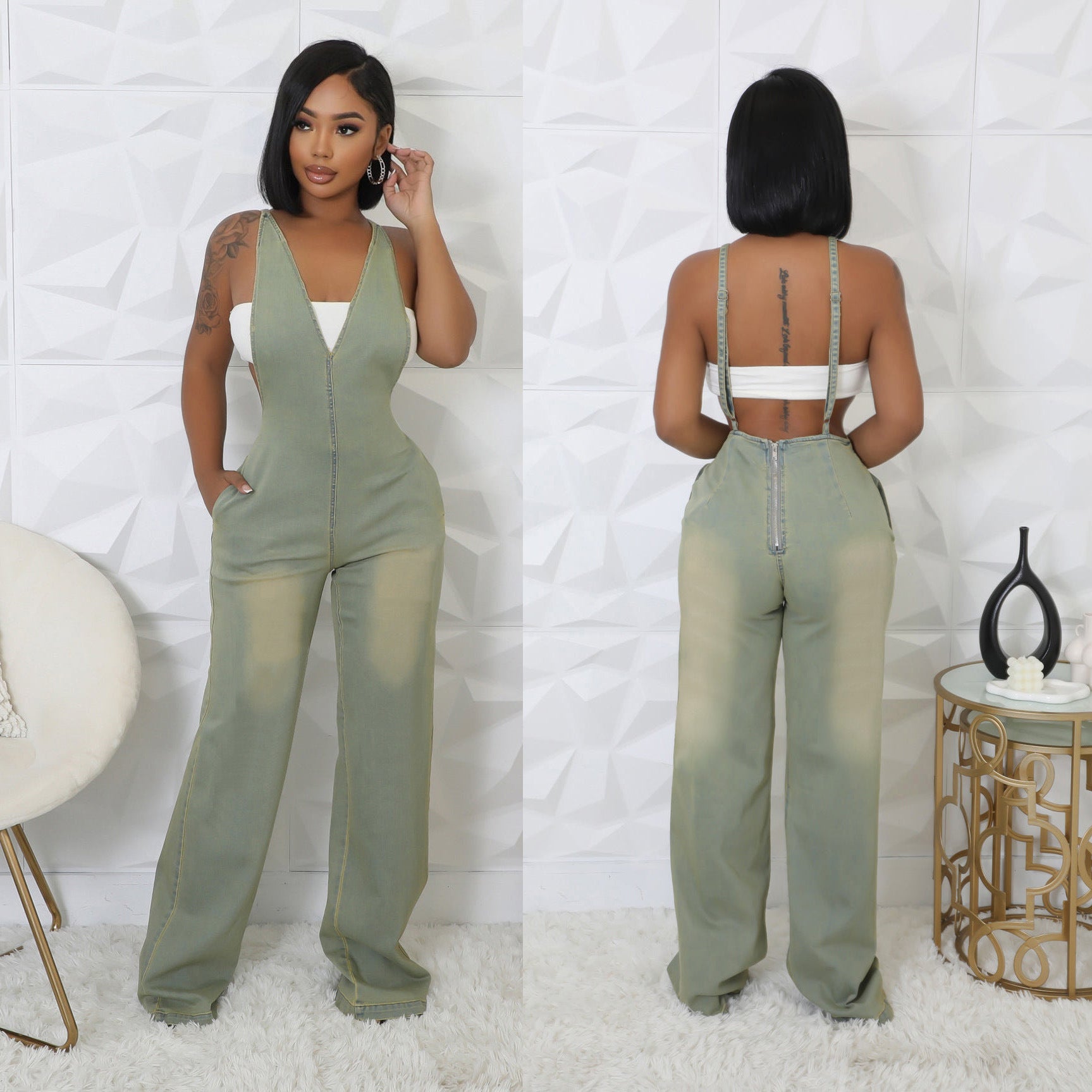 Women Stretchy Washed Denim Strapless Wide-Leg Jumpsuit