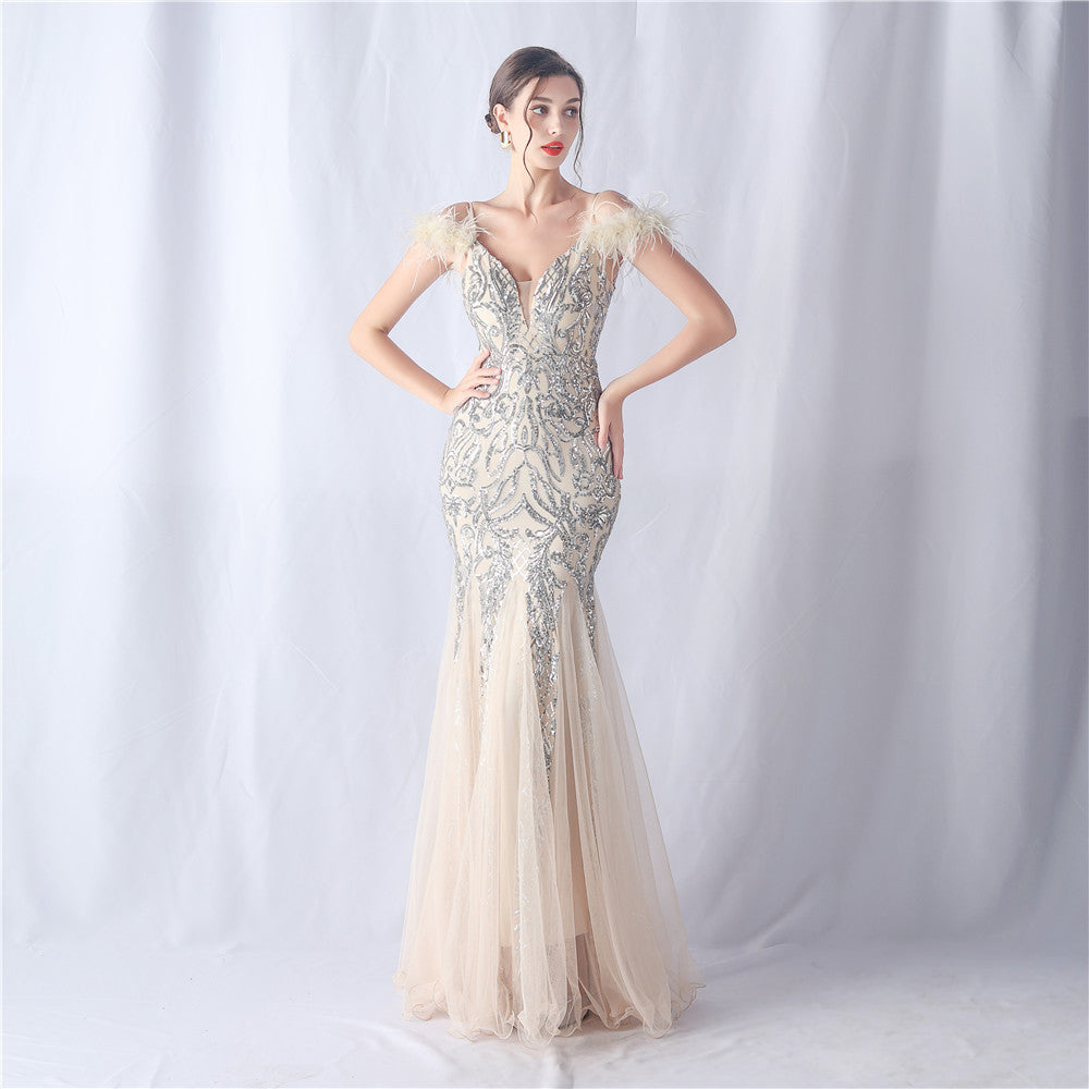 Women ostrich feather mesh floral sequin wedding evening dress 5