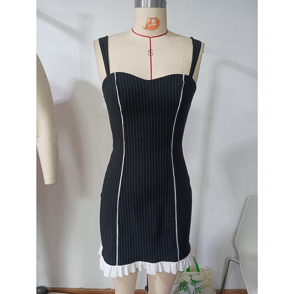 Women Sexy Backless Striped Lace Patchwork Strap Dress 8