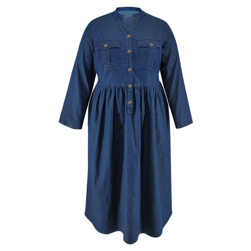 Plus Size Women's Denim Stand Collar Button Long Sleeve Long Dress 7