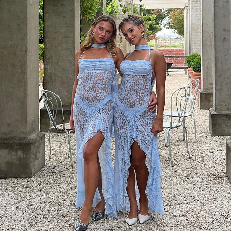 Women Holidays Lace See-Through Sexy Strap Dress
