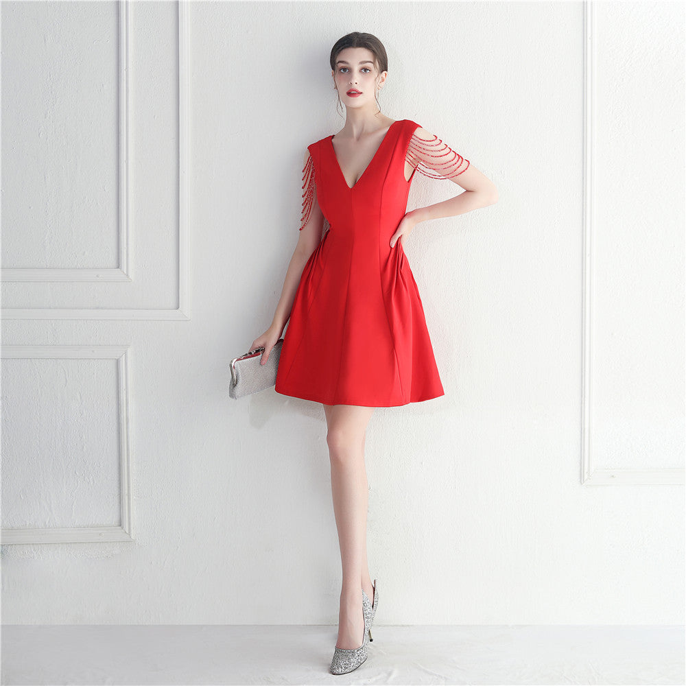 Women Elegant Beaded Mini Evening Dress 14