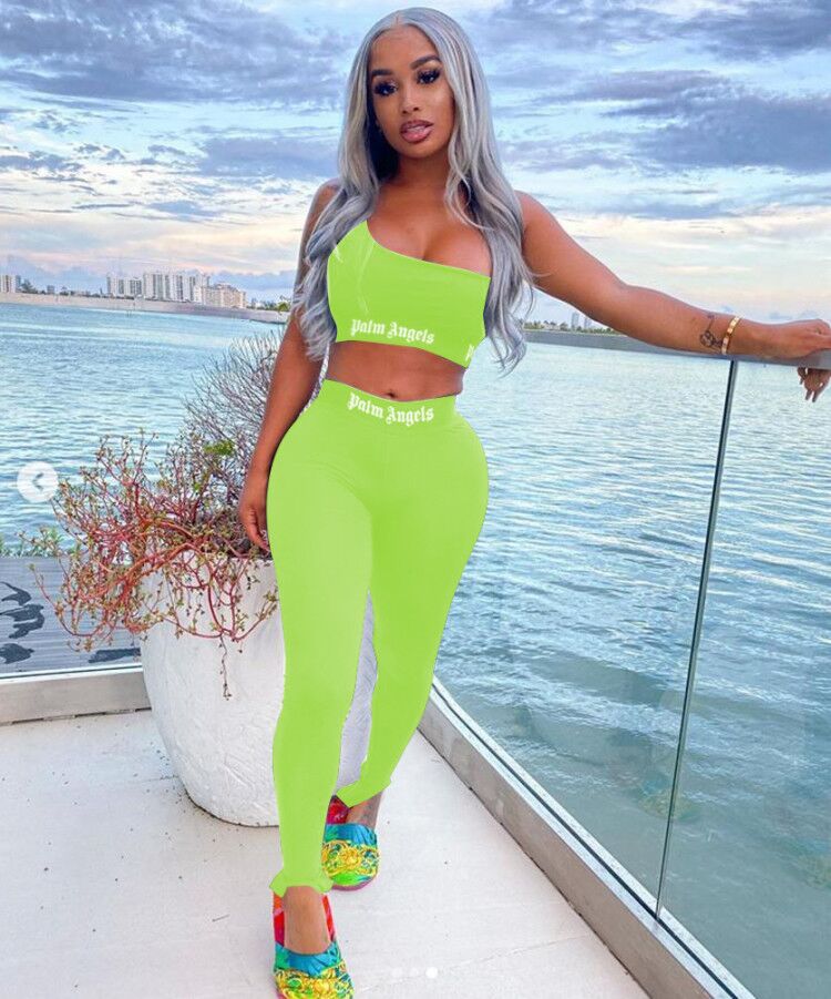 Women's Solid Color Fashion Letter Print Casual Tight Sports Two Piece Pants Set 6