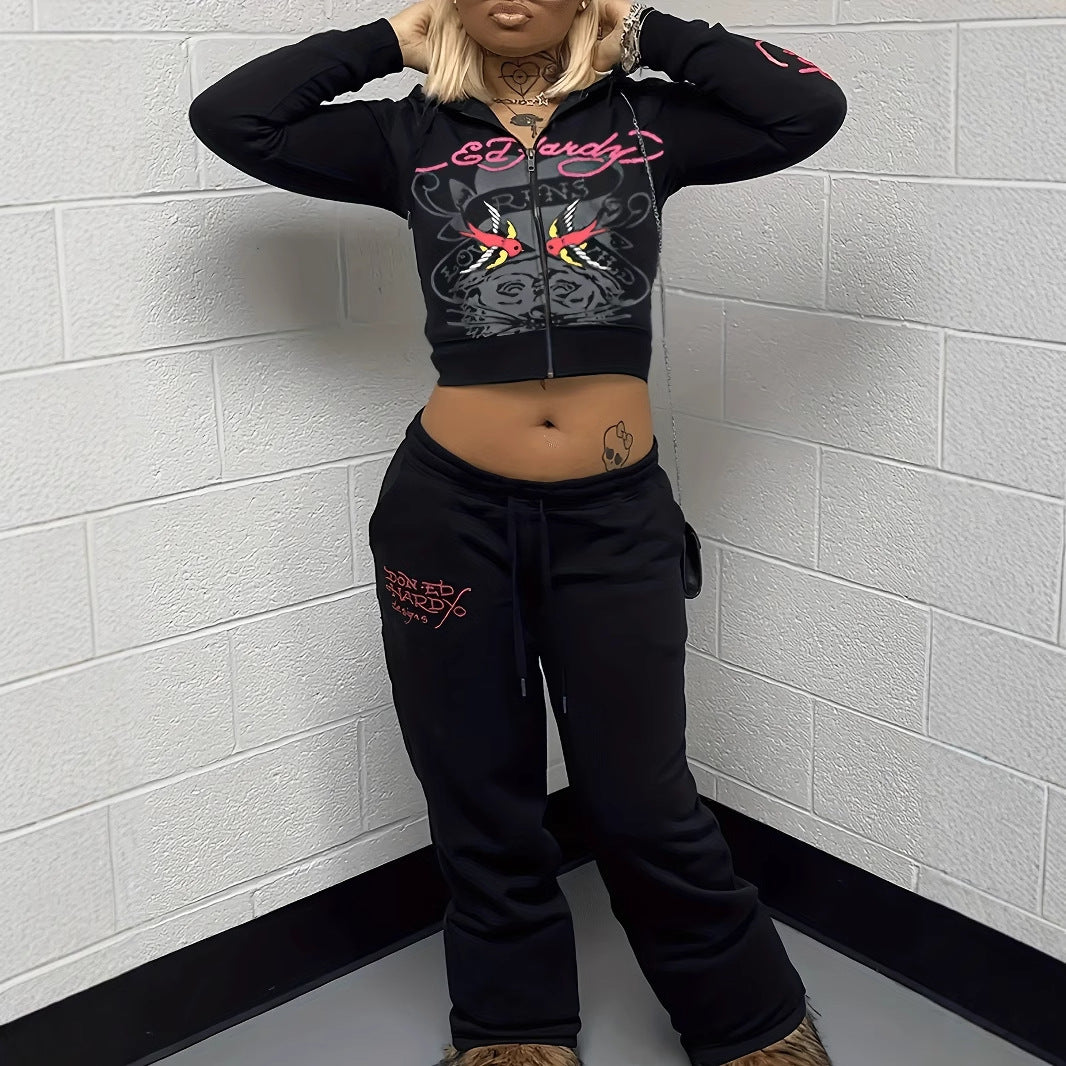 Women Casual Zipper Print Hoodies and Pants Two-piece Set 5