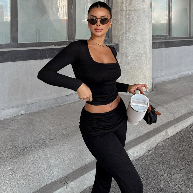 Autumn Fashion Solid Color Casual Square Neck Long-Sleeved Slim Two Piece Pants Set 3
