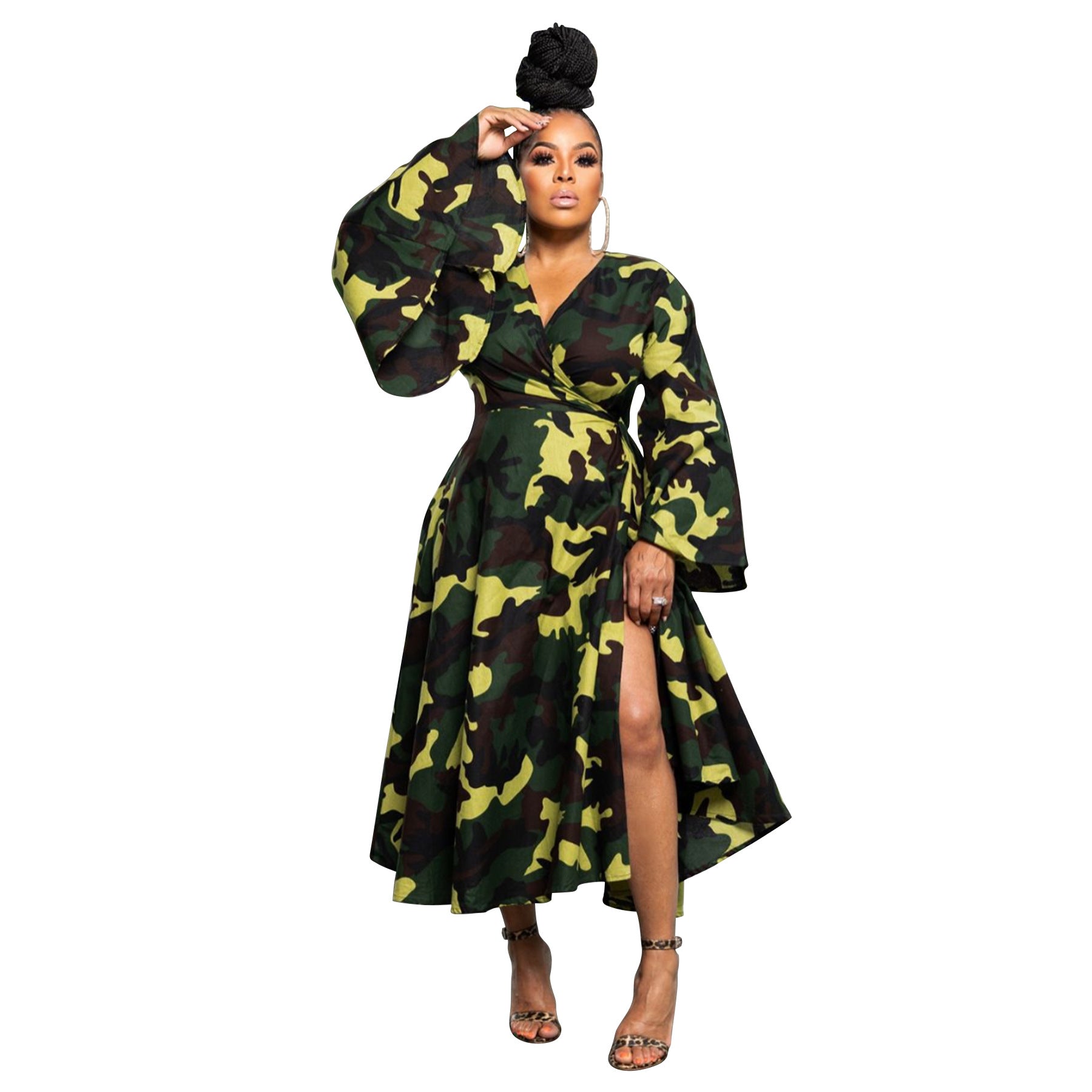 Plus Size African Women's Printed Wrap V-Neck Long Sleeve Maxi Dress 8