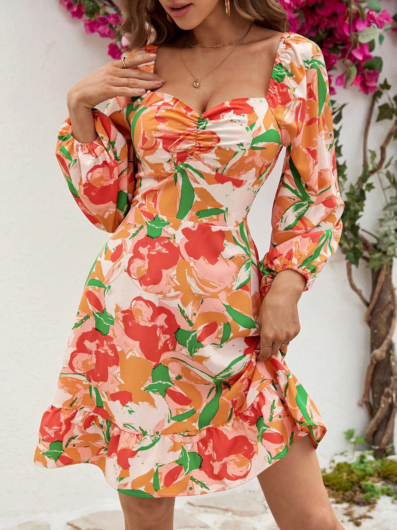 Spring, Summer And Autumn Chic Flower Printed Long-Sleeved Women's Pleated Dress 6