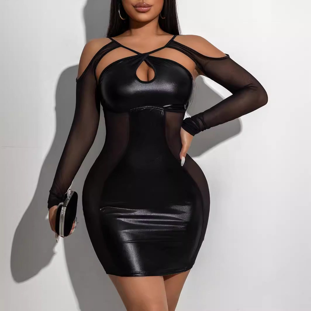 Summer Cross Strap Low Back Long Sleeve Sexy Through Mesh Women Sexy Dress 3