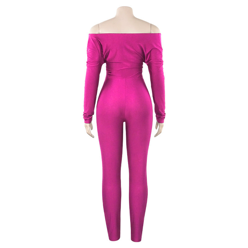 Spring Solid Color V-Neck Off Shoulder Knot Hollow Sexy High Waist Long Sleeve Jumpsuit 18