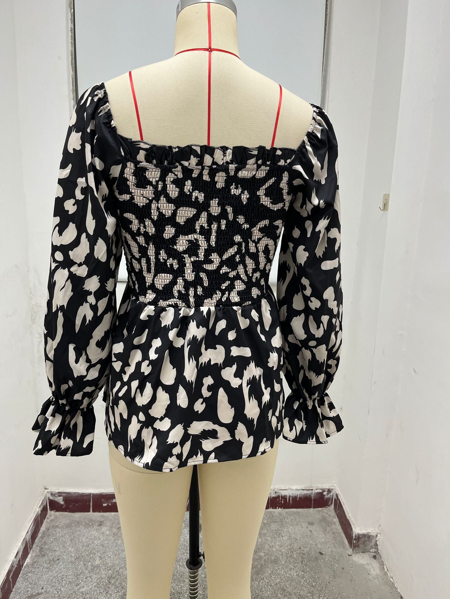 Women Casual Ruffle Edge Square Neck Leopard Print Long Sleeve Top 17