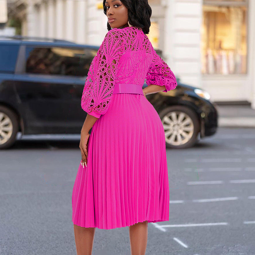 Women's Fall/Winter lace Patchwork Pleated Cutout Sexy Plus Size Dress 5