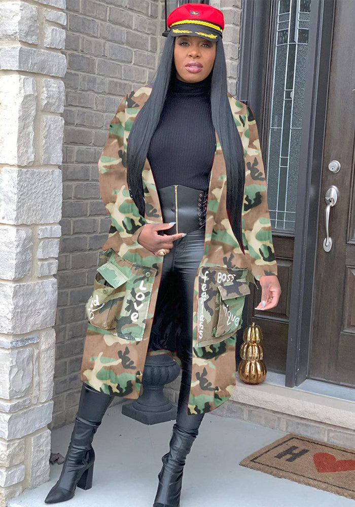 Women's Long Casual Fashion Camouflage Printed Patched Jacket