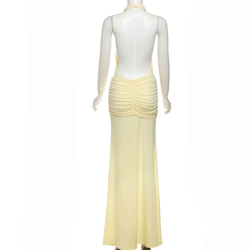 Women Sexy Backless Halter Neck V-neck Solid Slit Dress 8