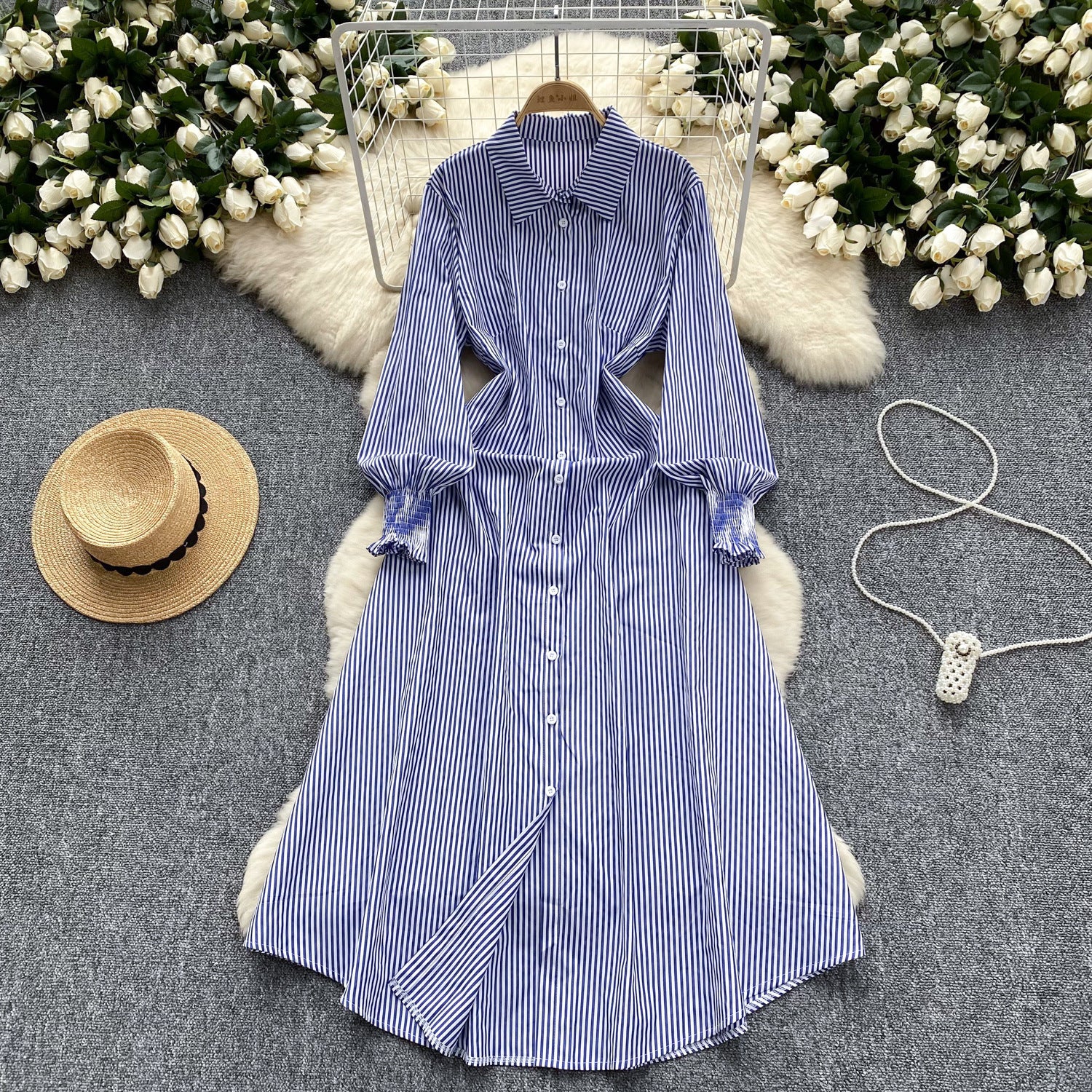 Chic Trendy Long Sleeve Single Button Casual Striped Shirt Dress 6