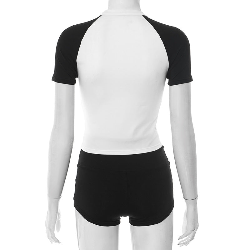 Women Spring and Summer Round Neck Contrast Color Top and Shorts Two-Piece Set 7