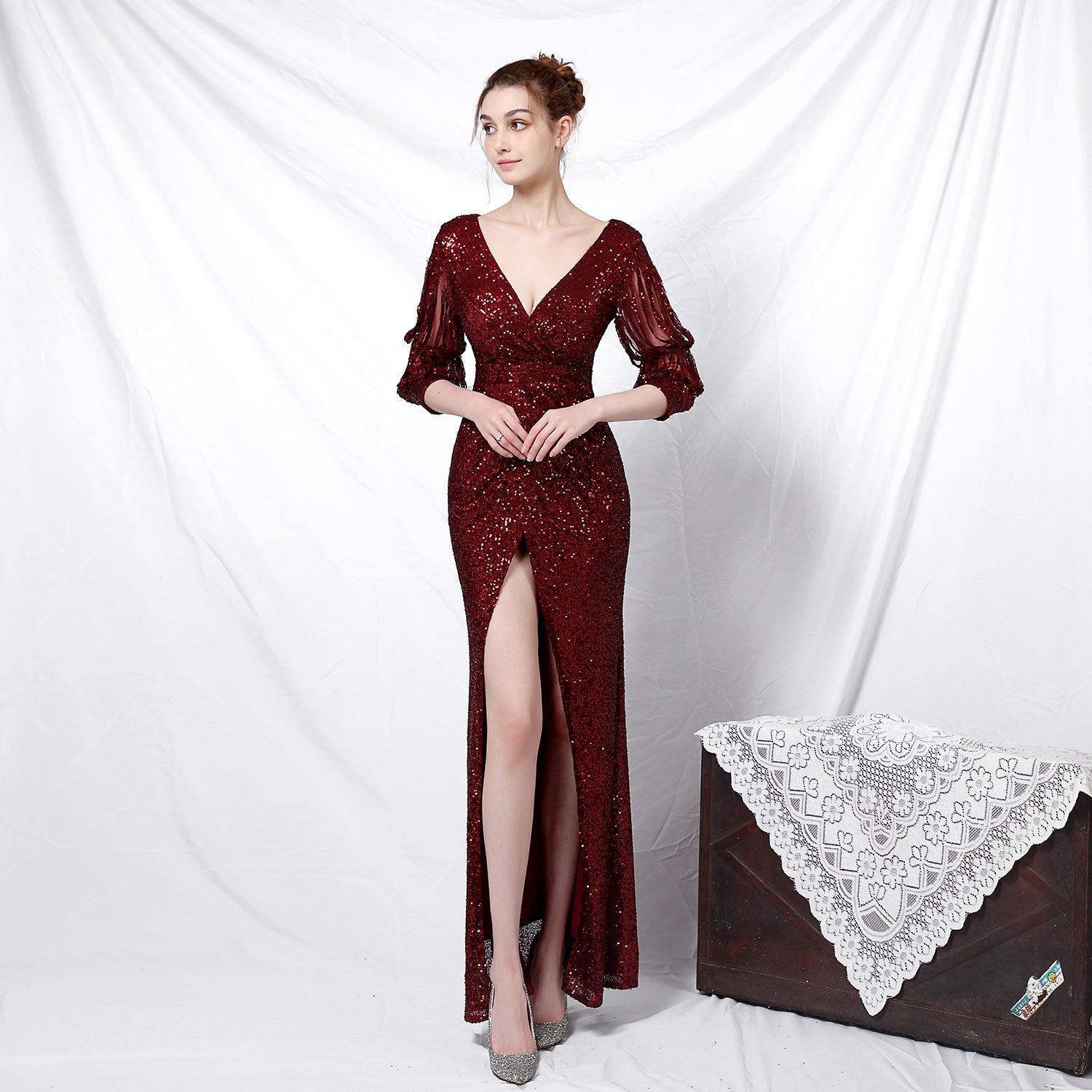 Formal Party Chic Elegant Long Half-Sleeve Sequined Queen Mermaid Evening Gown 4