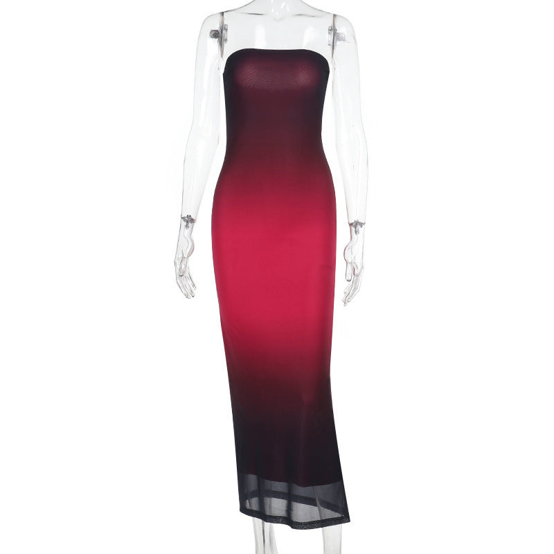 Women Strapless Gradient Mesh Backless Dress 9