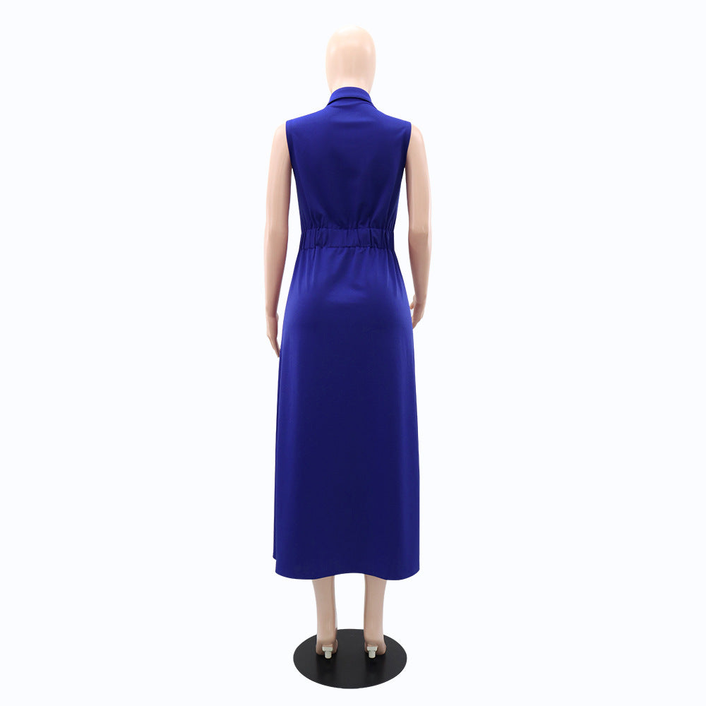 Women Turndown Collar Sleeveless Pocket Maxi Dress 5