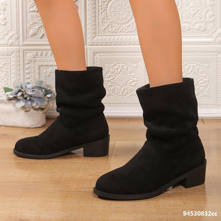 Women Winter Plush Thick Heel Pleated Knight Boots 4