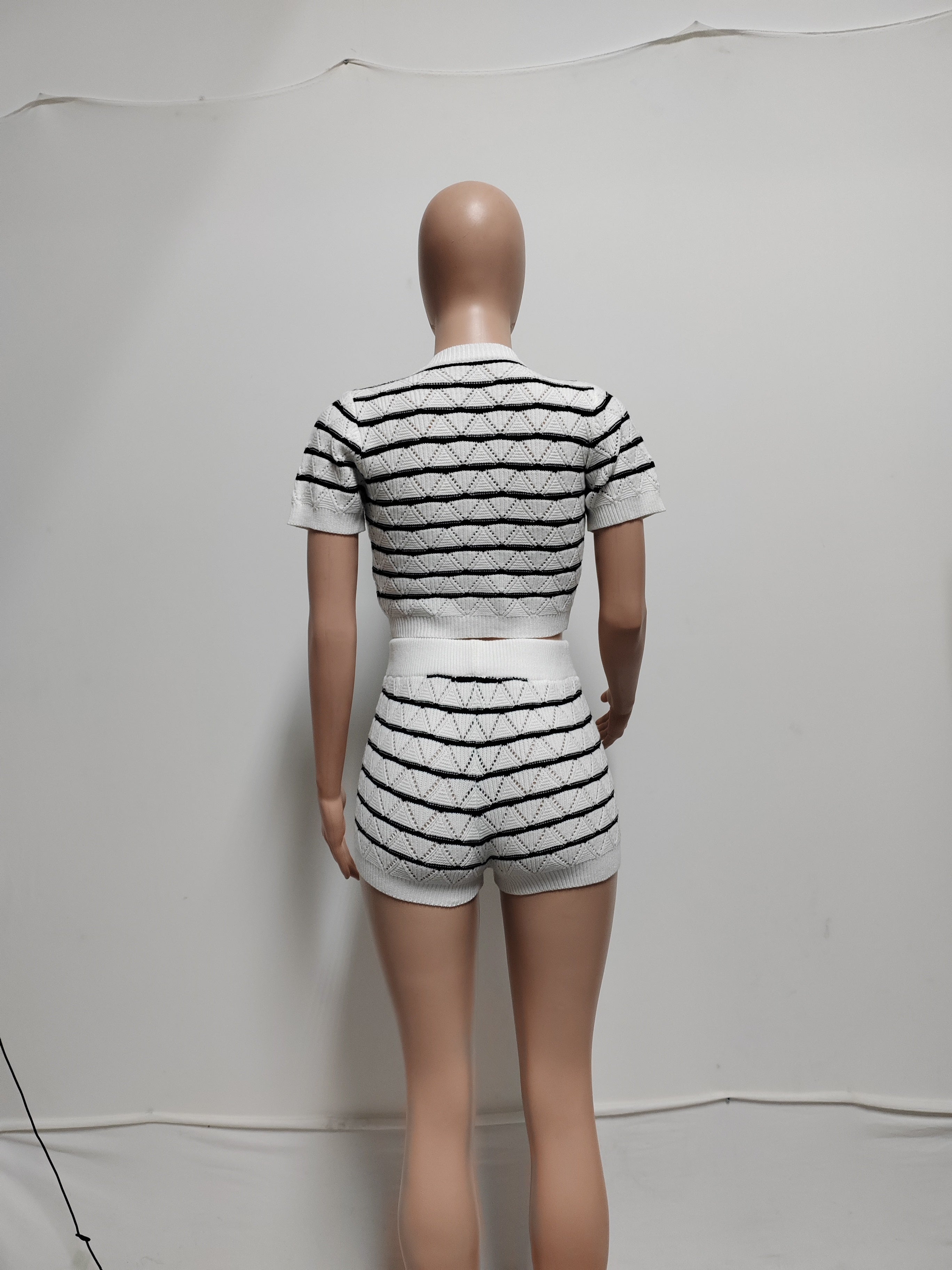 Women Short Sleeve Striped Top and Shorts Two Piece Set 5