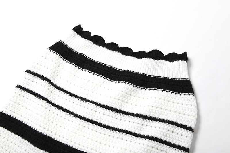 Summer Lace-Up Deep V Low Back Tops High Waist Slim Striped Skirt Two Piece Set 12