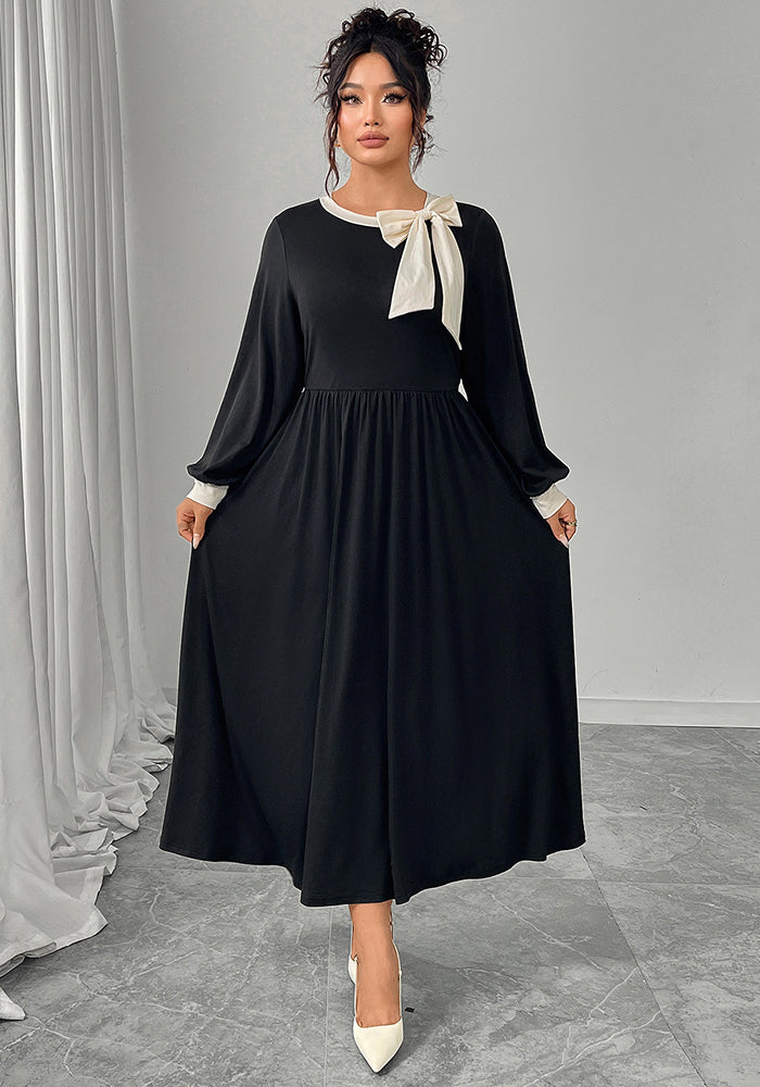 Plus-Size Women Fall/Winter Contrast Bow Black Maxi Dress