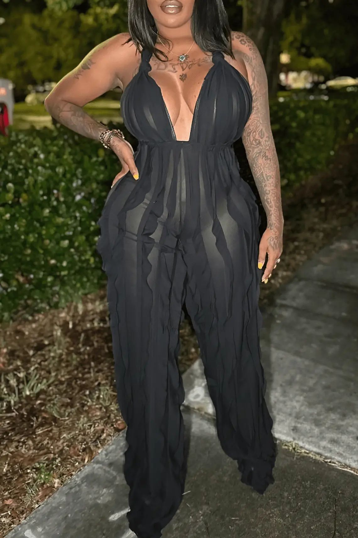 Women Casual Sexy Solid Backless See-Through Halter Neck Black Jumpsuit