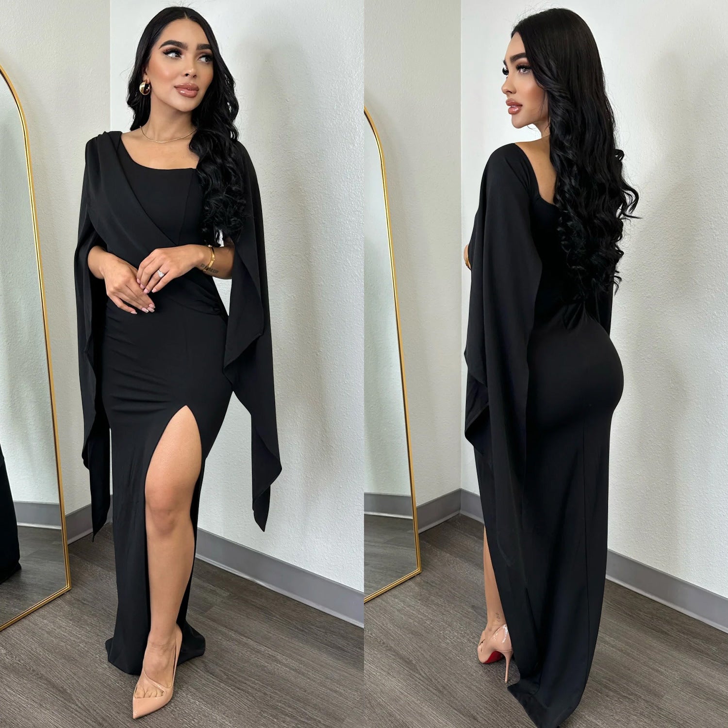 Fashion Women's Solid Color Long Sleeve Slit Pleated Maxi Dress 3