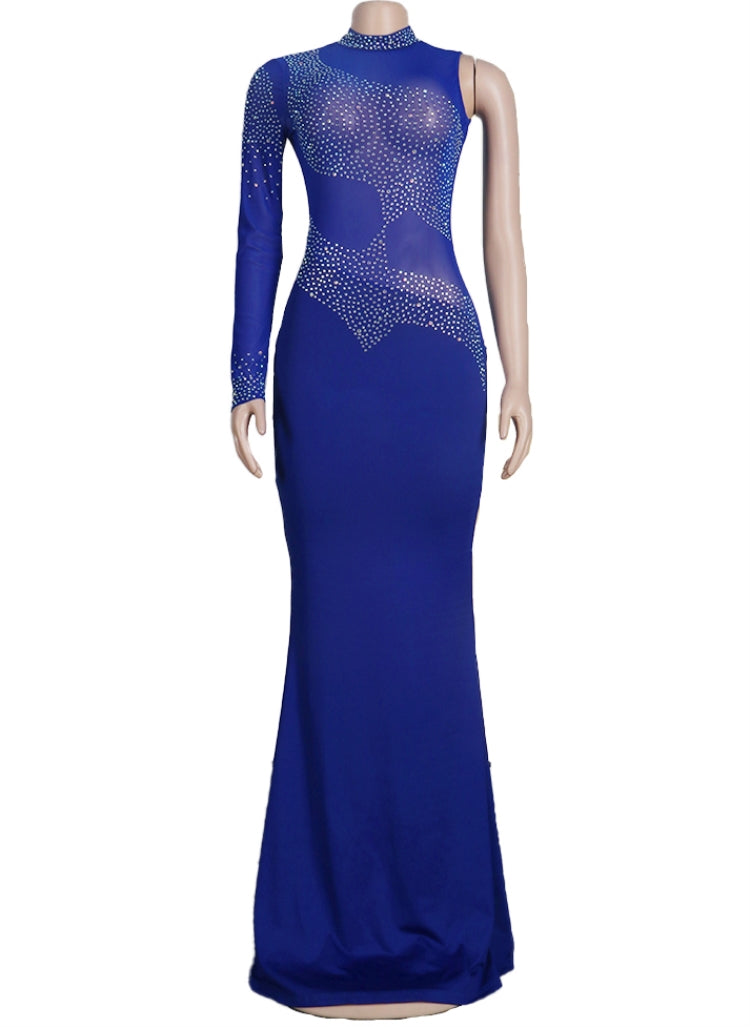 Fall Sexy Blue Sequins One Shoulder High Neck Long Dress 3