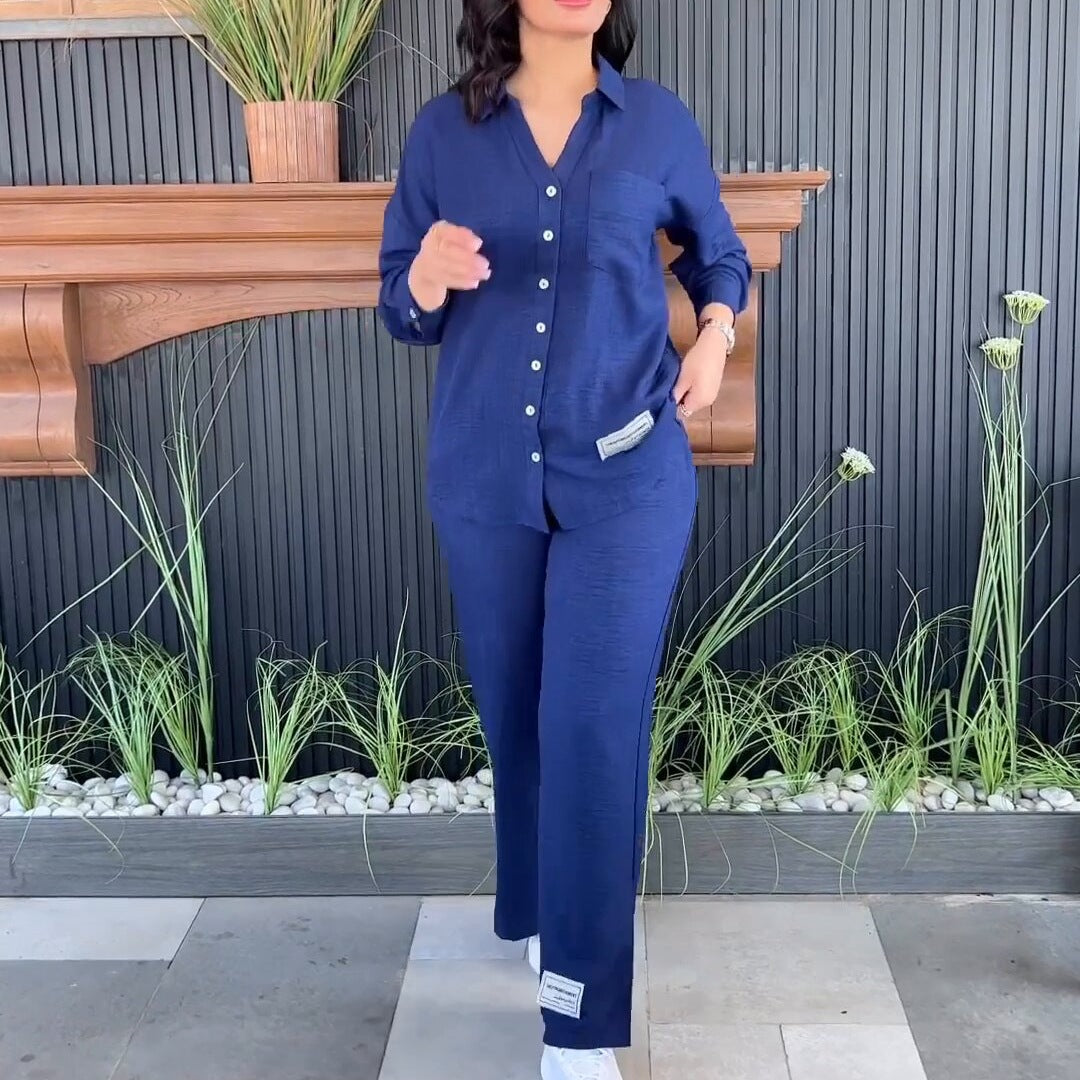 Plus Size Women loose long-sleeved shirt and slit wide-leg pants two-piece set 10