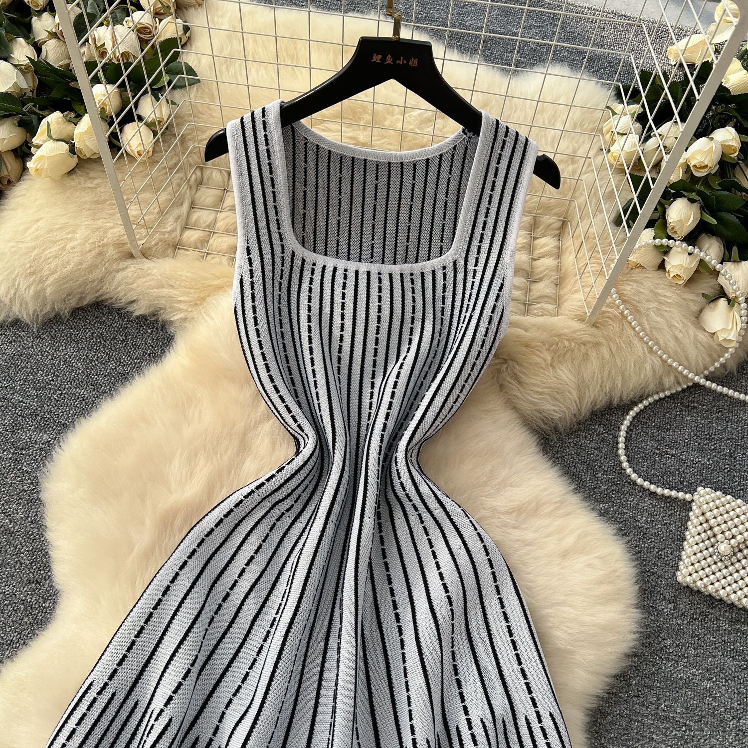 Women's Summer Square Neck Sleeveless Striped Slim Knitting Dress 12