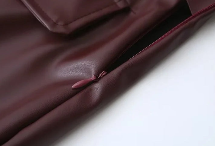 Women's Turndown Collar Button Pu Jacket Mini Skirt Two-Piece Set 18