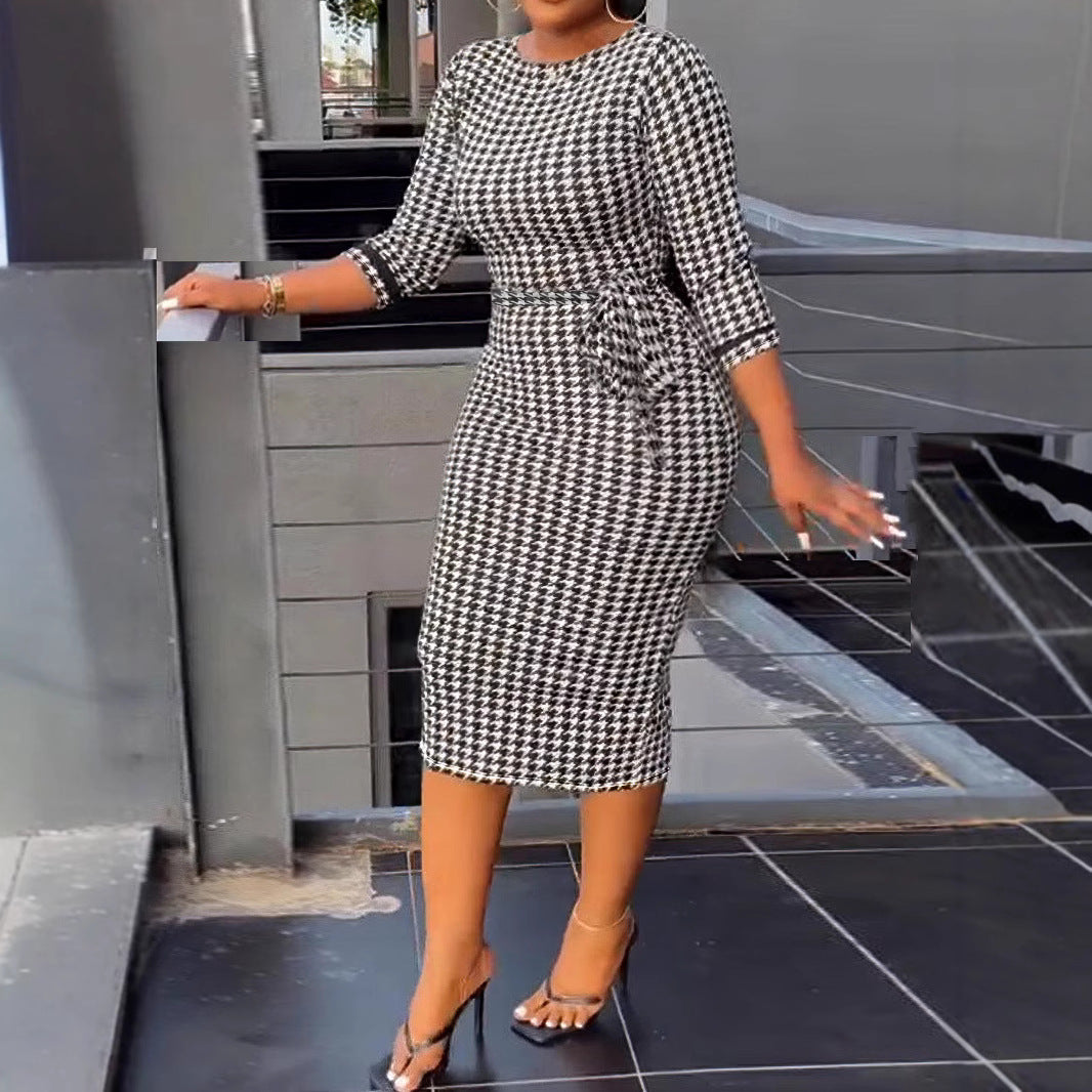 Women Sexy Printed Elastic Black and White Plaid Bodycon Dress