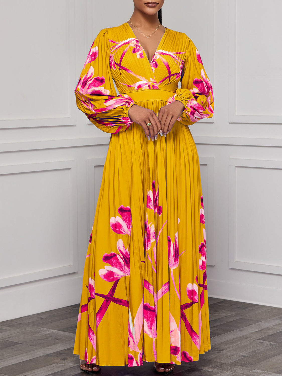 Women's V-Neck Long Sleeve Printed Pleated Chic Long Dress 6