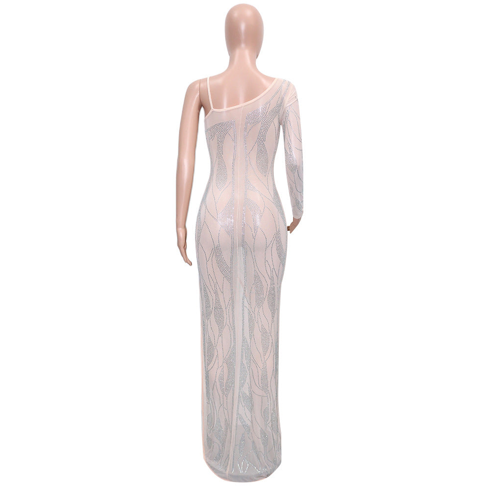 Women Sexy See-Through Beaded Long Sleeve Dress 15