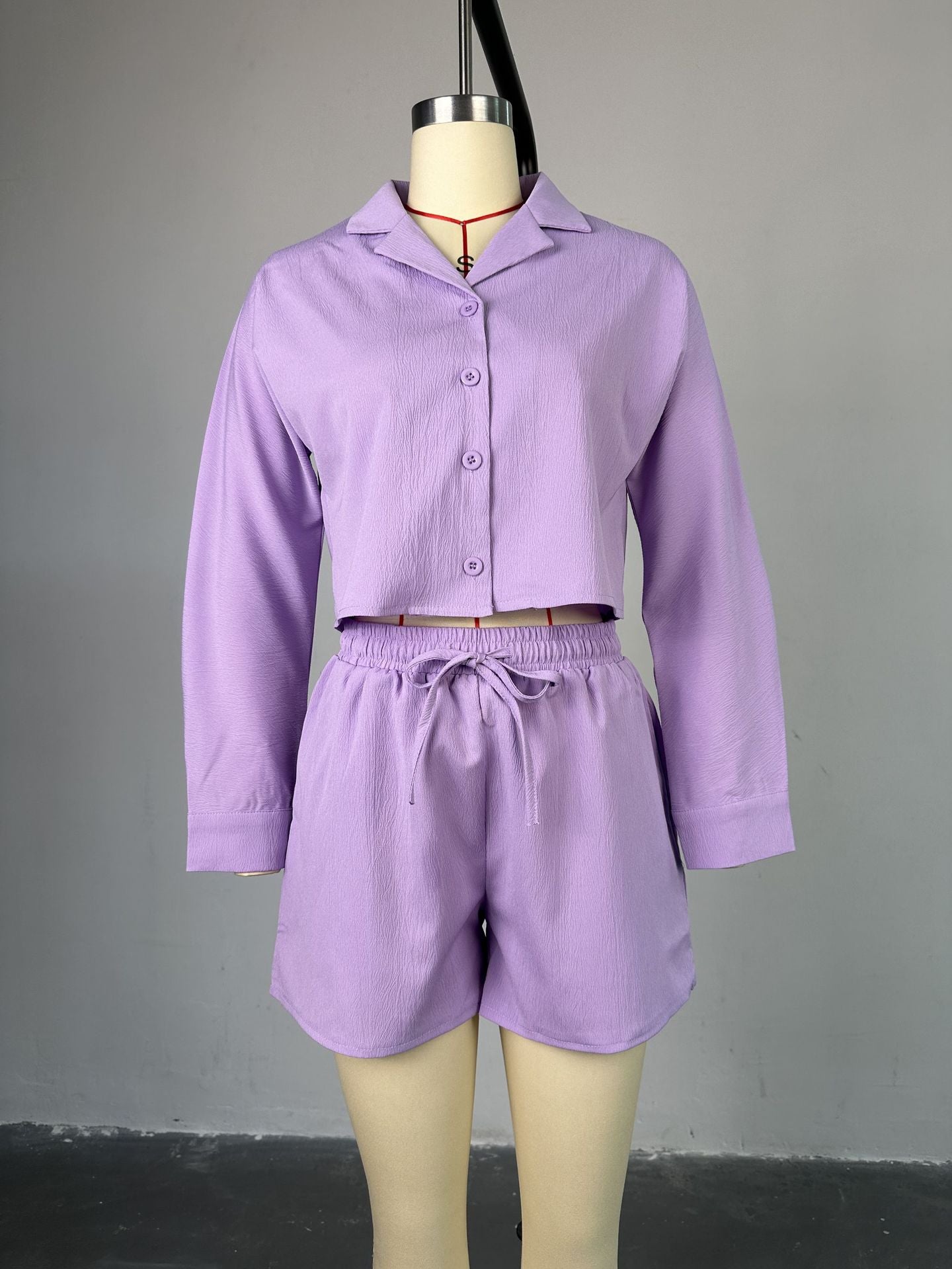 Women Summer Casual Turndown Collar long-sleeved shirt And drawstring shorts two-piece set 10